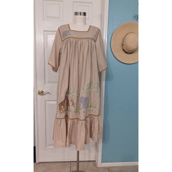 Bechamel Patio (MuMu)  Dress Ruffles Embroidered Monkey Giraffe Animal  Sz Lg - Picture 1 of 12